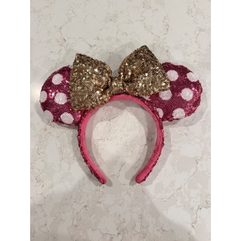 Disney Parks Minnie Mouse Ears Headband Pink Gold Sequin Polka Dot Accessory